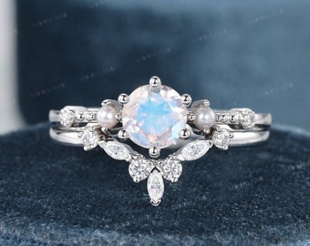 Pearl&Moonstone Engagement Ring Set White Gold Dainty Pearl Ring Petite Ring Marquise Moissanite Wedding Ring Women Moon Bridal Set 2pcs