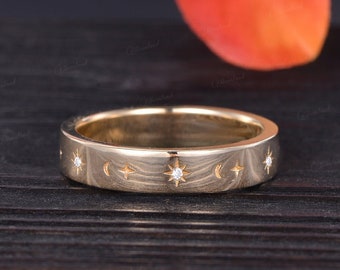 Moon And Star Wedding Band Moissanite Wedding Ring Mens Wedding Band North Star Unique Guiding Star Engraved Celestial Ring Anniversary Gift