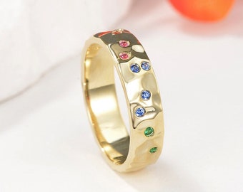 5mm Hammered Wedding Ring Unique Rainbow Natural Sapphire Band Vintage Gradient Men&#39;s Band Unisex Ring Women Birthstone Anniversary Gift