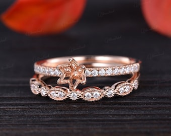 Vintage Custom Ring Setting Rose Gold Semi Mounting Half Eternity Diamond Ring Art Deco Moissanite Personalized Wedding Ring Setting 2Pcs