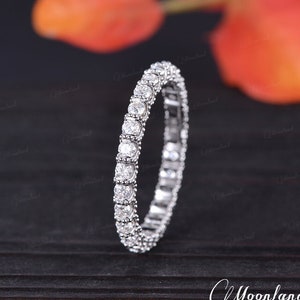 Vintage Eternity Moissanite Wedding Band Women Unique 3mm Diamond Band Art Deco Milgrain White Gold Wedding Matching Band Anniversary Gift