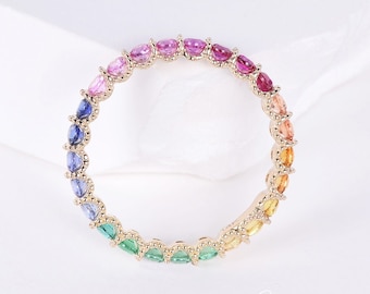 Rainbow Sapphire Ring Yellow Gold 3mm Wedding Band Gradient Ring September Birthstone Full Eternity Stacking Rings Stackable Blue Pink Green