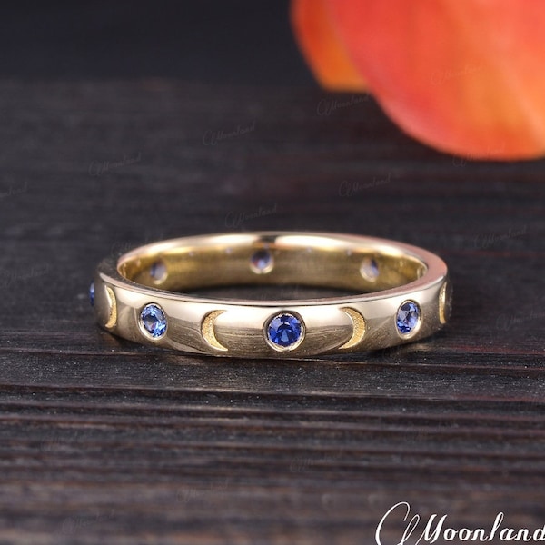 Unique Sapphire Wedding Band Women Dainty Yellow Gold Moon Wedding Ring Crescent Stacking Ring For Him And Her Minimalist Anniversary Gift
