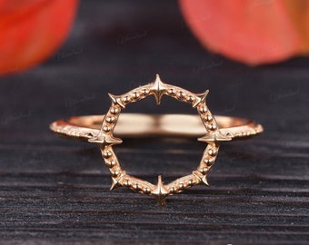Large Open Circle Ring Solid Gold Star Ring Spike Ring Geometric Minimalist Ring Granulated Gold Ring  Karma Ring Alternative Ring For Her