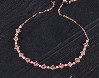 Vintage Natural Pink Sapphire Bracelet Princess Cut Gradient Red Sapphire Bezel Set Diamond Rose Gold Milgrain Birthstone Anniversary Gift