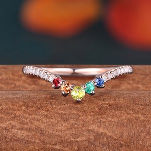 Rainbow Sapphire Curved Wedding Band Women Rose Gold Ruby Chevron Stacking Ring Matching Multicolor Moissanite Half Eternity Birthstone ring
