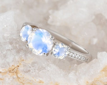 Moonstone Engagement Ring Three Stones Ring Moonstone Wedding Ring Women White Gold Wedding Ring Brilliant Ring Family Ring Anniversary Gift