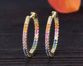 Natural Sapphire Hoop Earrings Yellow Gold Rainbow Sapphire Emerald Earrings Vintage Women Gold Earrings Antique Jewelry Huggie Earring Gift
