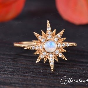 Vintage Moonstone Ring Starburst Ring Star Stackable Ring Celestial Engagement Ring Yellow Gold Sun Ring Halo Diamond North Star Unique Gift