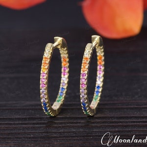 Natural Sapphire Hoop Earrings Yellow Gold Rainbow Sapphire Emerald Earrings Vintage Women Gold Earrings Antique Jewelry Huggie Earring Gift
