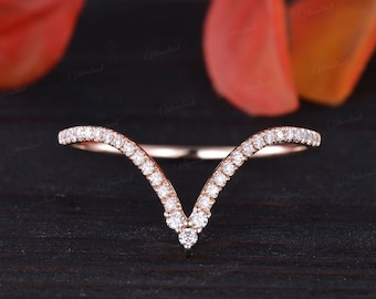Deep V Shaped Wedding Band Rose Gold Moissanite Chevron Wedding Band Women Unique Half Eternity Matching Band Custom Ring Anniversary Gift