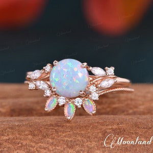 Flora Engagement Ring Set Rose Gold Opal Ring Antuque Lab Opal Bridal Set Natural Opal Vine Leaf Wedding Band Women Marquise Diamond 2pcs