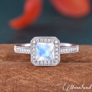 Art Deco Princess Cut Moonstone Engagement Ring Vintage Natural Moonstone White Gold Ring One of a kind Square Halo Engagement Ring Milgrain