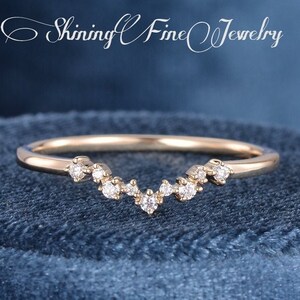 Diamond Curved Wedding Band Woman Rose Gold Moissanite Chevron Wedding Band Delicate Matching Band Half Eternity Stacking Ring