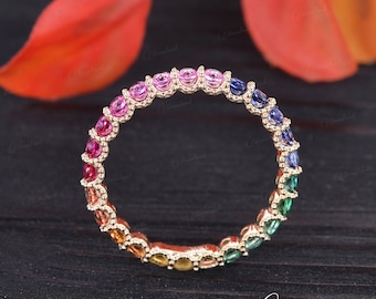 Rainbow Sapphire Ring Yellow Gold 3mm Wedding Band Gradient Ring September Birthstone Full Eternity Stacking Rings Stackable Blue Pink Green