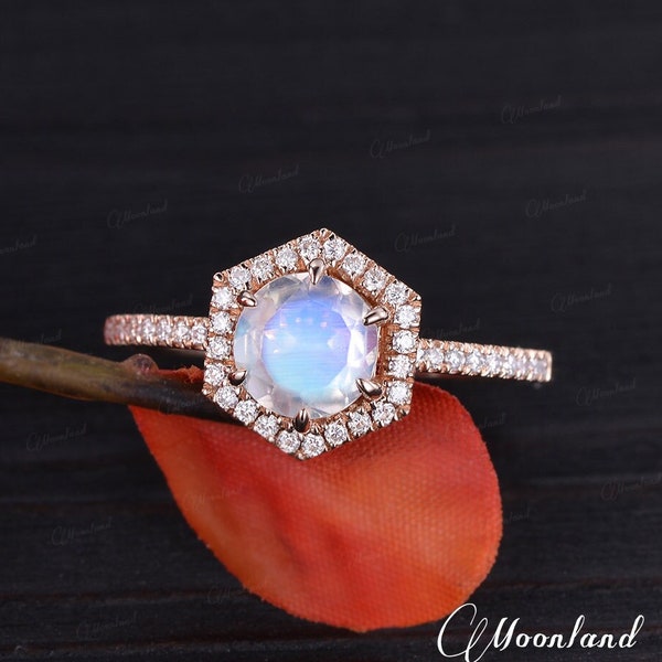 Hexagon Moonstone Engagement Ring Rose Gold Half Eternity Halo Moissanite Wedding Ring Women Unique Anniversary Gift June Birthstone Promise