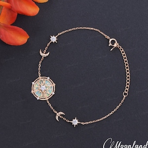 Unique Opal Bracelet North Star Compass Charm Bracelet Yellow Gold Celestial Jewelry Sun Moon Star Moissanite Vintage Women Anniversary Gift