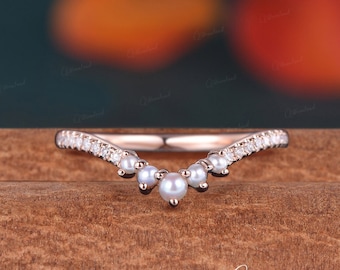 Natural Pearl Wedding Band Woman Rose Gold Half Eternity Dainty Moissanite Curved Wedding Band Diamond Matching Band Minimalist Anniversary
