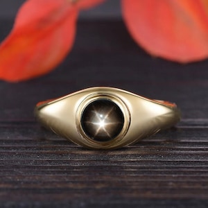 Unique Black Star Sapphire Ring Bezel Set Natural Sapphire Engagement Ring Yellow Gold Minimalist 925 Silver Mens Ring Wedding Ring Women
