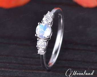 Moonstone Engagement Ring White Gold Ring Women Three Stone Ring Moissanite Ring Rainbow Moonstone Ring Birthstone Wedding Ring Antique Gift