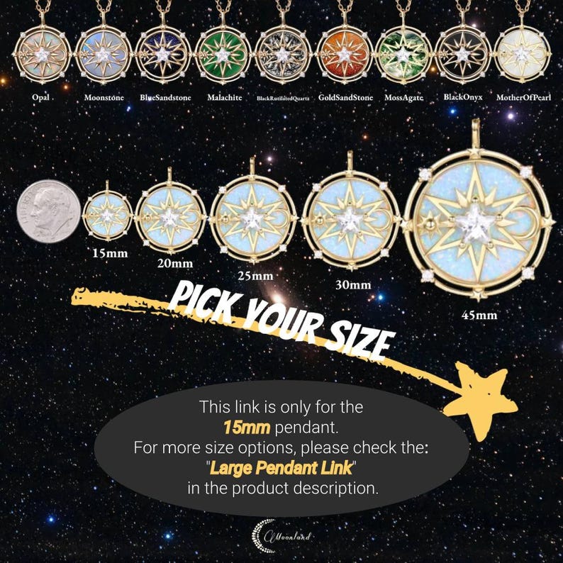 K&ouml;nnte beinhalten: Eine Sammlung goldfarbener Sternanh&auml;nger mit verschiedenen Edelsteinen wie Opal, Mondstein und Onyx. Das Bild zeigt Gr&ouml;&szlig;en von 15mm bis 45mm, mit dem Text PICK YOUR SIZE und Anweisungen f&uuml;r den Link zum 15mm Anh&auml;nger.