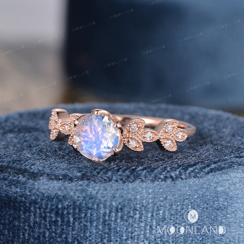 Vine Leaf Moonstone Engagement Ring Rose Gold Art Deco Moonstone Ring 6.5mm Round Cut Rainbow Moonstone Half Eternity Diamond Band Unique image 2