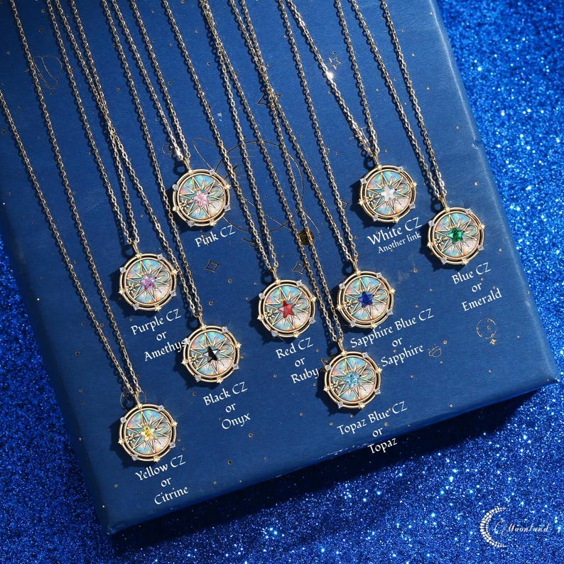 Vintage Opal Pendant North Star Compass Necklace Yellow Gold Celestial Jewelry Sun Moon Moissanite Star Pentagon Handmade Anniversary Gift Bild 15