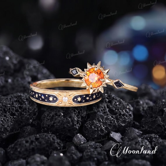 6mm Sun Star Couple Ring Set Yellow Gold Vintage Orange Sapphire Moissanite Blue Sandstone Dainty Enamel Celestial Jewelry Anniversary Gift