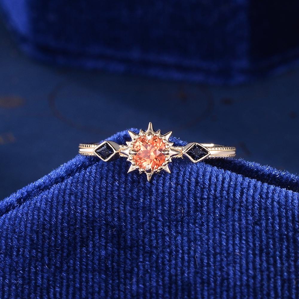 Dainty Orange Sapphire Engagement Ring Unique Sun Wedding Ring Kite Cut Blue Sandstone Bridal Ring Yellow Gold Promise Anniversary Gift