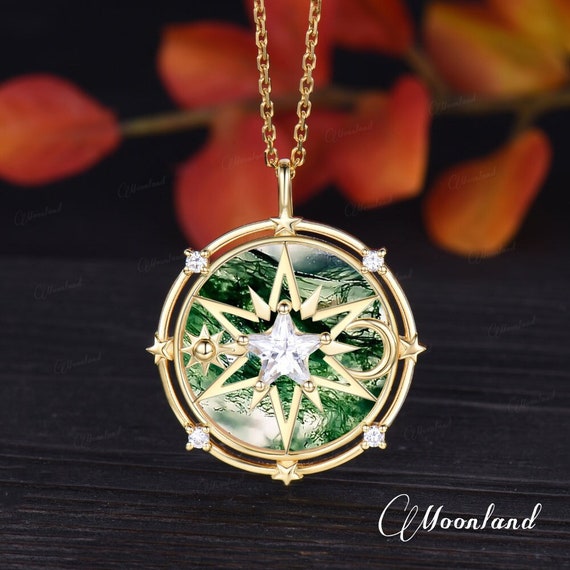 25mm Moss Agate Compass Necklace North Star Pendant Necklace Sun Moon Dainty Pentagram Crystal Pendant Celestial Handmade Anniversary Gift