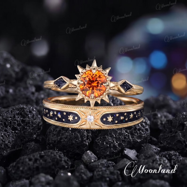 6 mm Sun Star Couple Ring Set Geelgoud Vintage Oranje Saffier Moissaniet Blauw Zandsteen Sierlijk Emaille Celestial Sieraden Verjaardagscadeau afbeelding 4