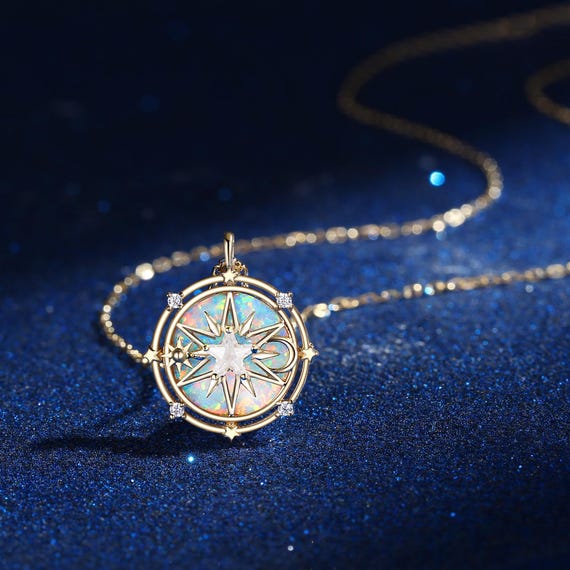 Vintage Opal Pendant North Star Compass Necklace Yellow Gold Celestial Jewelry Sun Moon Moissanite Star Pentagon Handmade Anniversary Gift