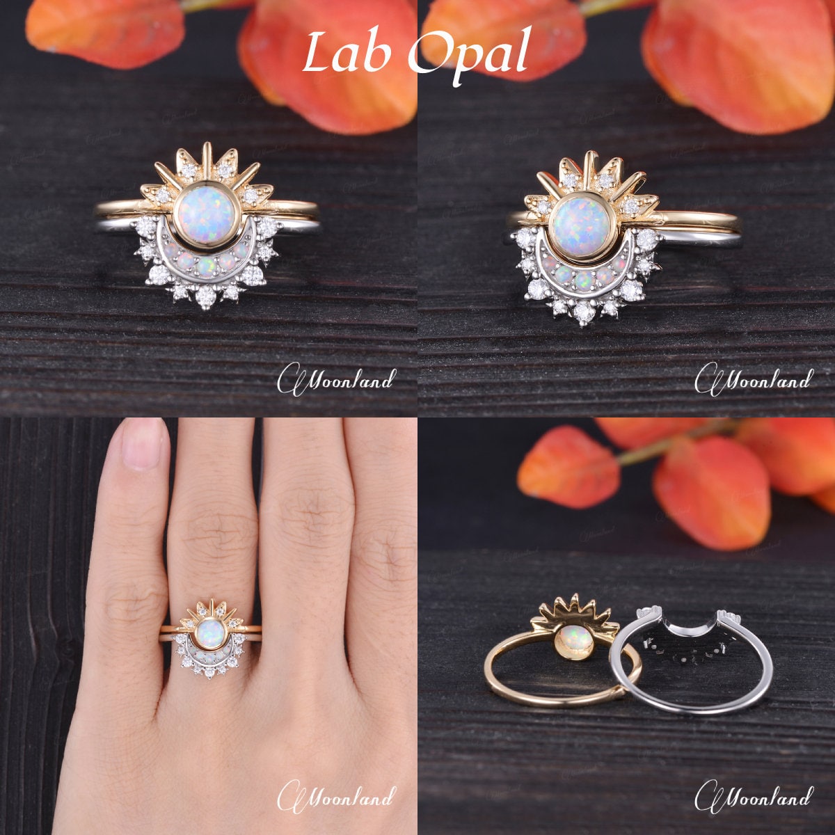 Sun and Moon Ring Set Unique Yellow Gold Bezel Sunstone Ring