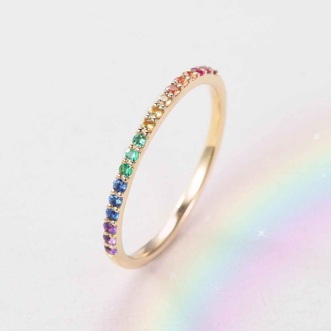 Rainbow Ring Rainbow Sapphire Wedding Band Women Yellow Gold Antique ...