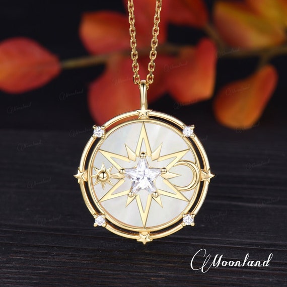Vintage Mother of Pearl Pendant North Star Compass Necklace Yellow - Main Image