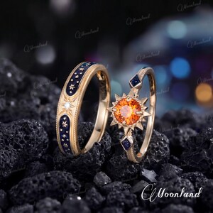 6 mm Sun Star Couple Ring Set Geelgoud Vintage Oranje Saffier Moissaniet Blauw Zandsteen Sierlijk Emaille Celestial Sieraden Verjaardagscadeau afbeelding 5