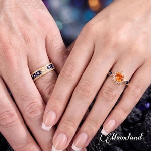 6 mm Sun Star Couple Ring Set Geelgoud Vintage Oranje Saffier Moissaniet Blauw Zandsteen Sierlijk Emaille Celestial Sieraden Verjaardagscadeau afbeelding 3