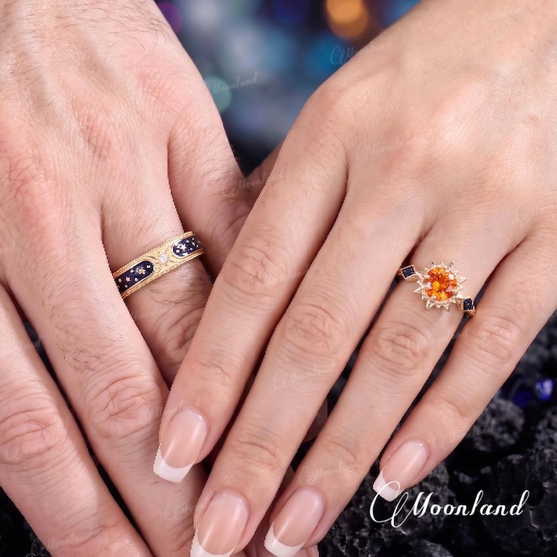 6 mm Sun Star Couple Ring Set Geelgoud Vintage Oranje Saffier Moissaniet Blauw Zandsteen Sierlijk Emaille Celestial Sieraden Verjaardagscadeau afbeelding 3