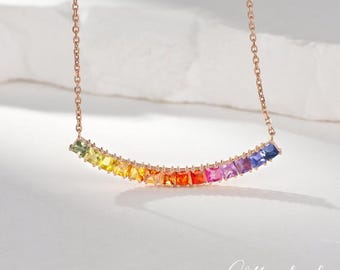 Natural Rainbow Sapphire Necklace Unique Gradient Ombre Necklace Dainty Minimalist Stacking Necklace Multi-Color Simple Women Gift For Her