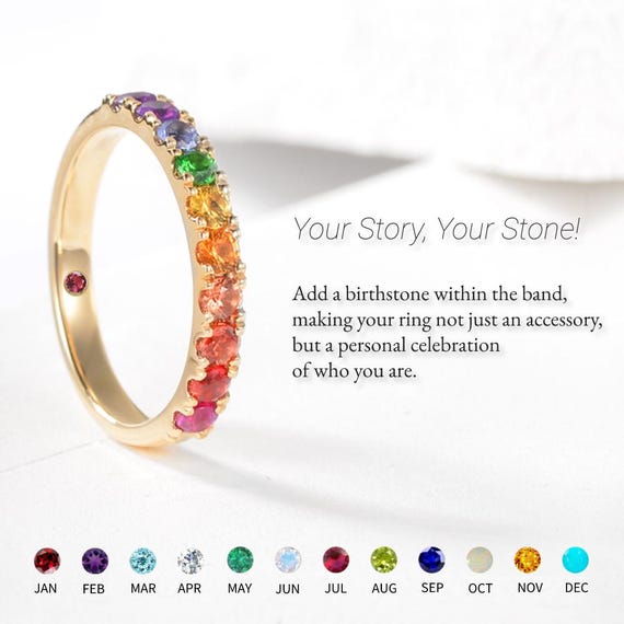 Rainbow Sapphire Ring Yellow Gold 3mm Wedding Band Gradient Ring September Birthstone Full Eternity Stacking Rings Stackable Blue Pink Green