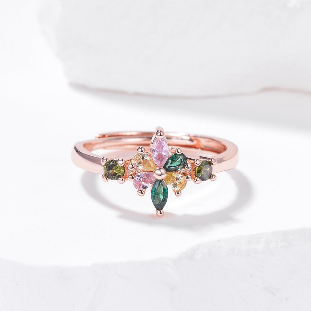 Vintage Flower Engagement Ring Rose Gold Multicolor Cluster Ring