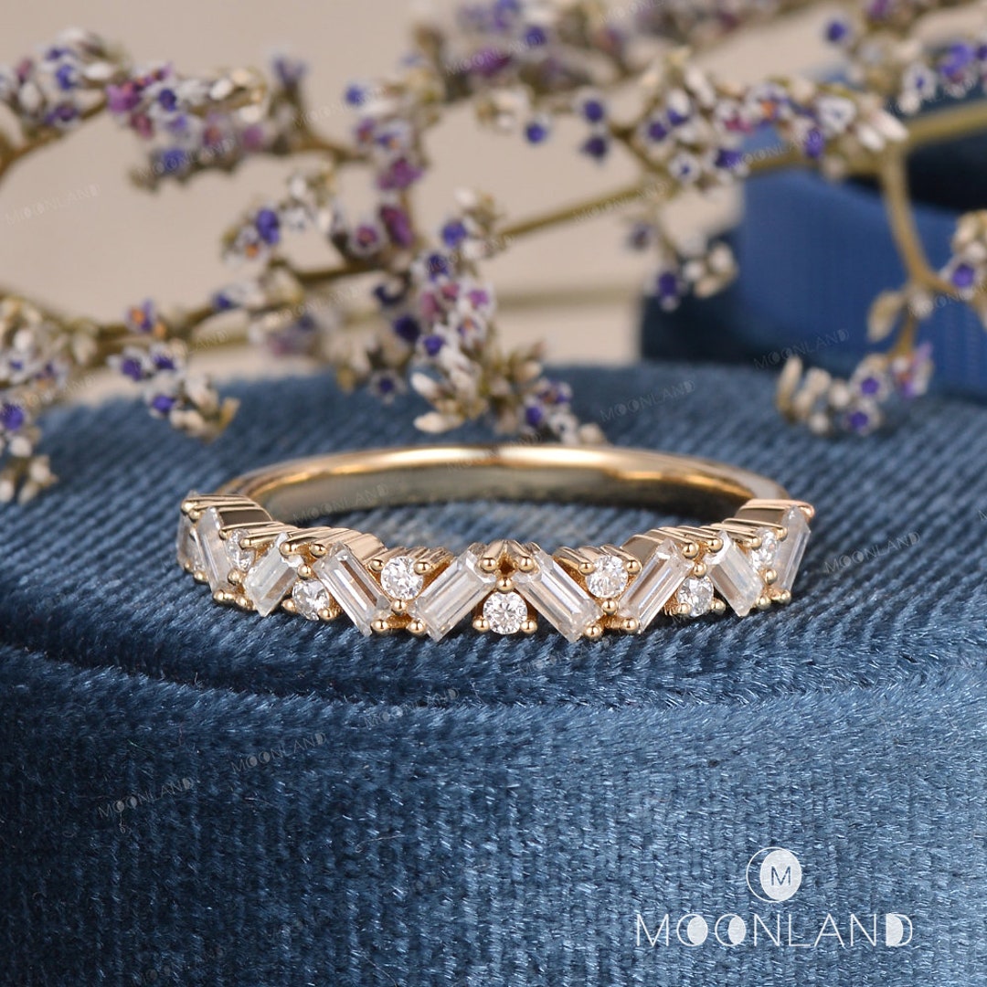 Baguette Moissanite Wedding Band Yellow Gold Cluster Wedding Ring ...
