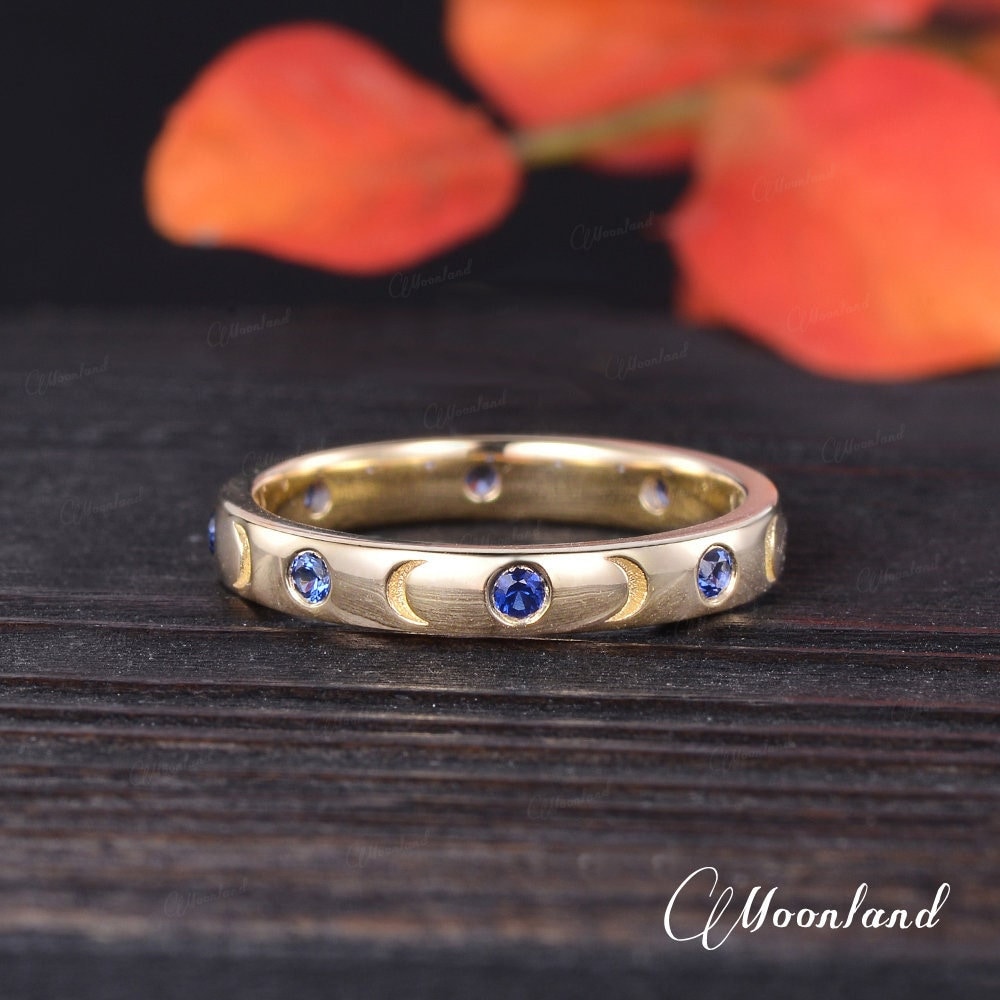 Unique Sapphire Wedding Band Women Dainty Yellow Gold Moon Wedding Ring Crescent Stacking Ring For Him And Her Minimalist Anniversary Gift