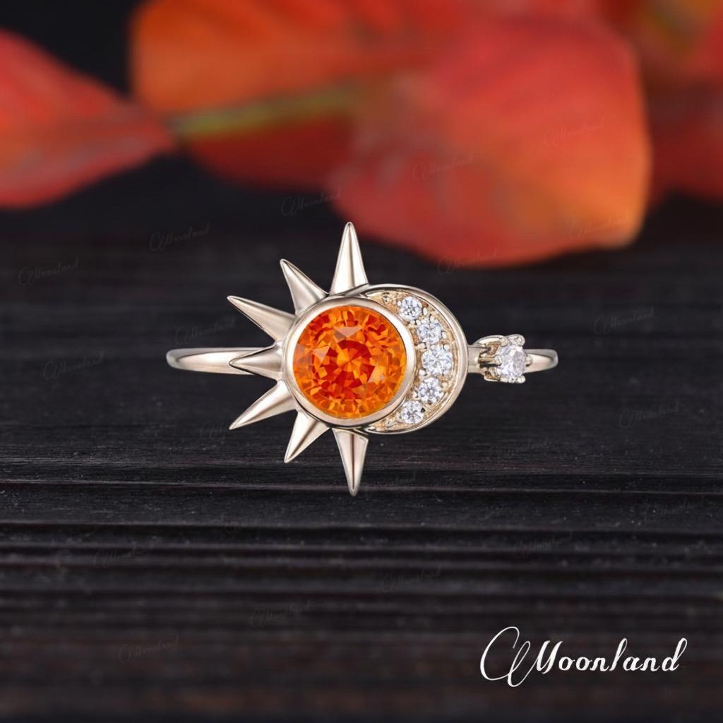 Unique Orange Sapphire Engagement Ring Yellow Gold Cluster