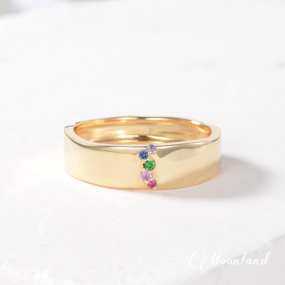 6mm Natural Rainbow Sapphire Wedding Band Women Gold Line Pave Ring Cluster Thick Band Mens Wedding Ring Promise Anniversary Gift For Her