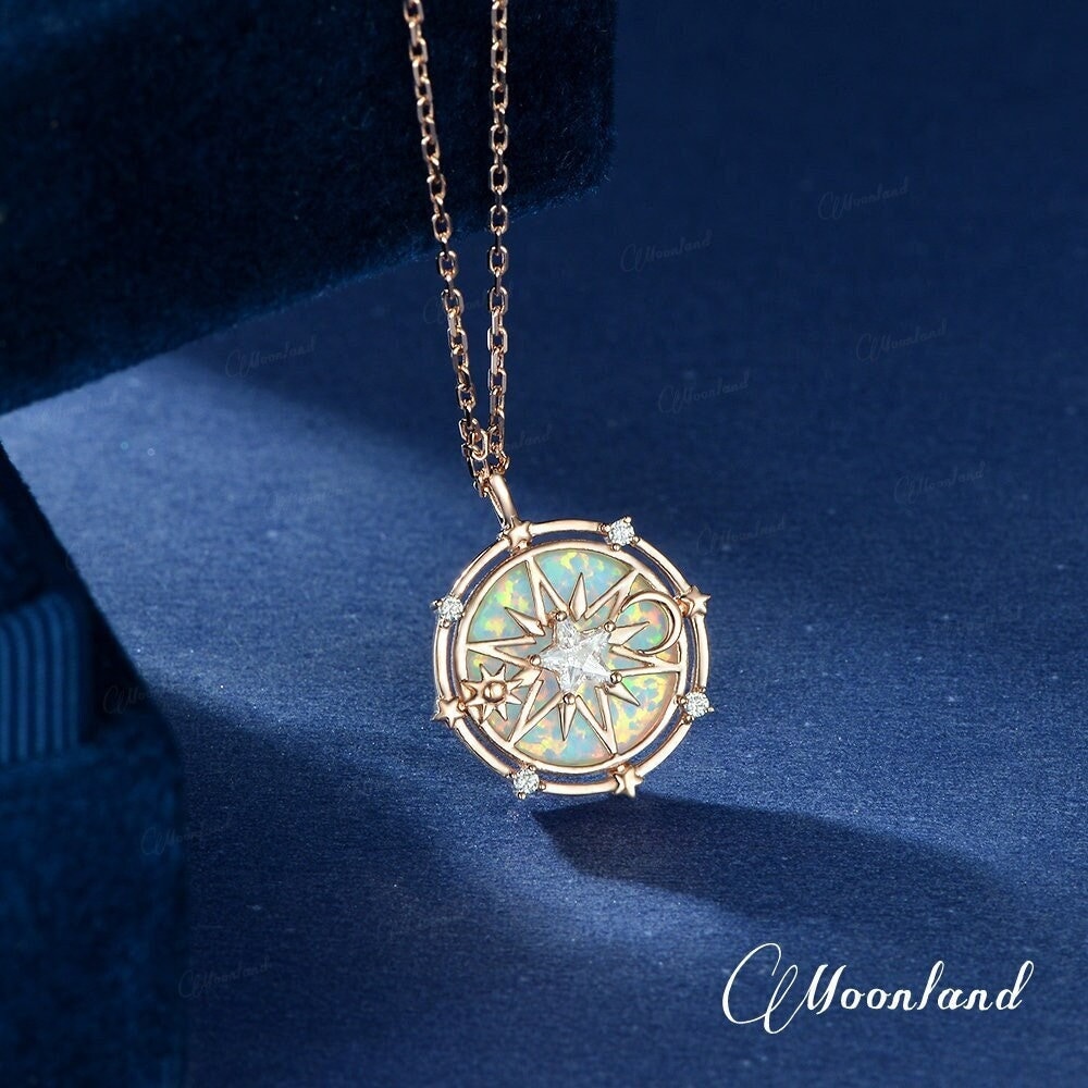 Vintage Opal Pendant North Star Compass Necklace Yellow Gold Celestial Jewelry Sun Moon Moissanite Star Pentagon Handmade Anniversary Gift