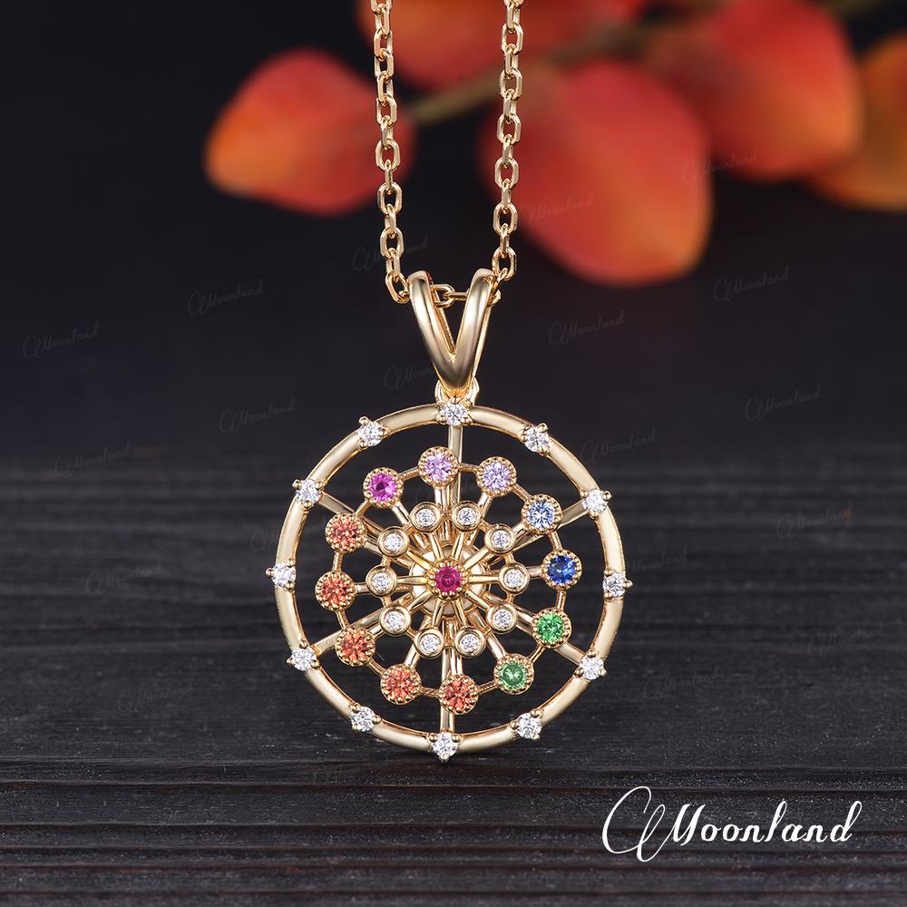 Wheel Of Fortune | Natural Rainbow Sapphire Spinning Pendant Necklace Halo Moissanite Pinwheel Observation Wheel Anxiety Relief Jewelry Gift