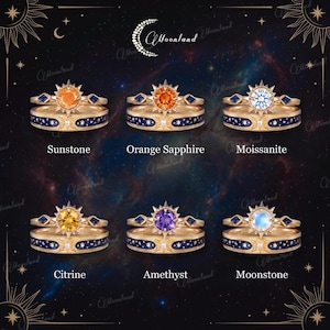 6 mm Sun Star Couple Ring Set Geelgoud Vintage Oranje Saffier Moissaniet Blauw Zandsteen Sierlijk Emaille Celestial Sieraden Verjaardagscadeau afbeelding 6