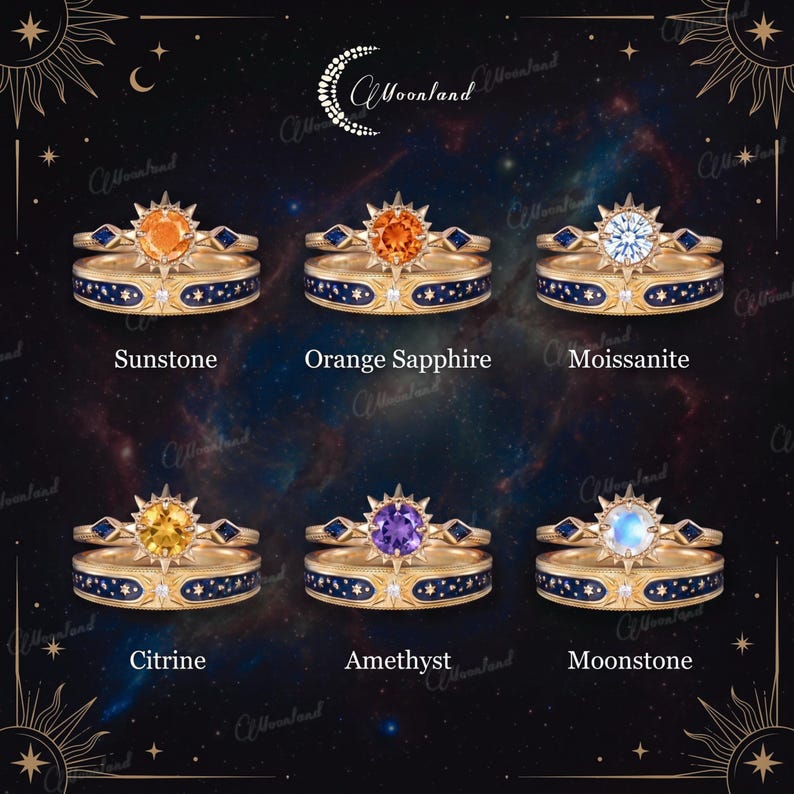 6 mm Sun Star Couple Ring Set Geelgoud Vintage Oranje Saffier Moissaniet Blauw Zandsteen Sierlijk Emaille Celestial Sieraden Verjaardagscadeau afbeelding 6