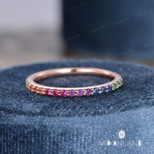 Rainbow Ring Rainbow Sapphire Wedding Band Women Rose Gold - Etsy